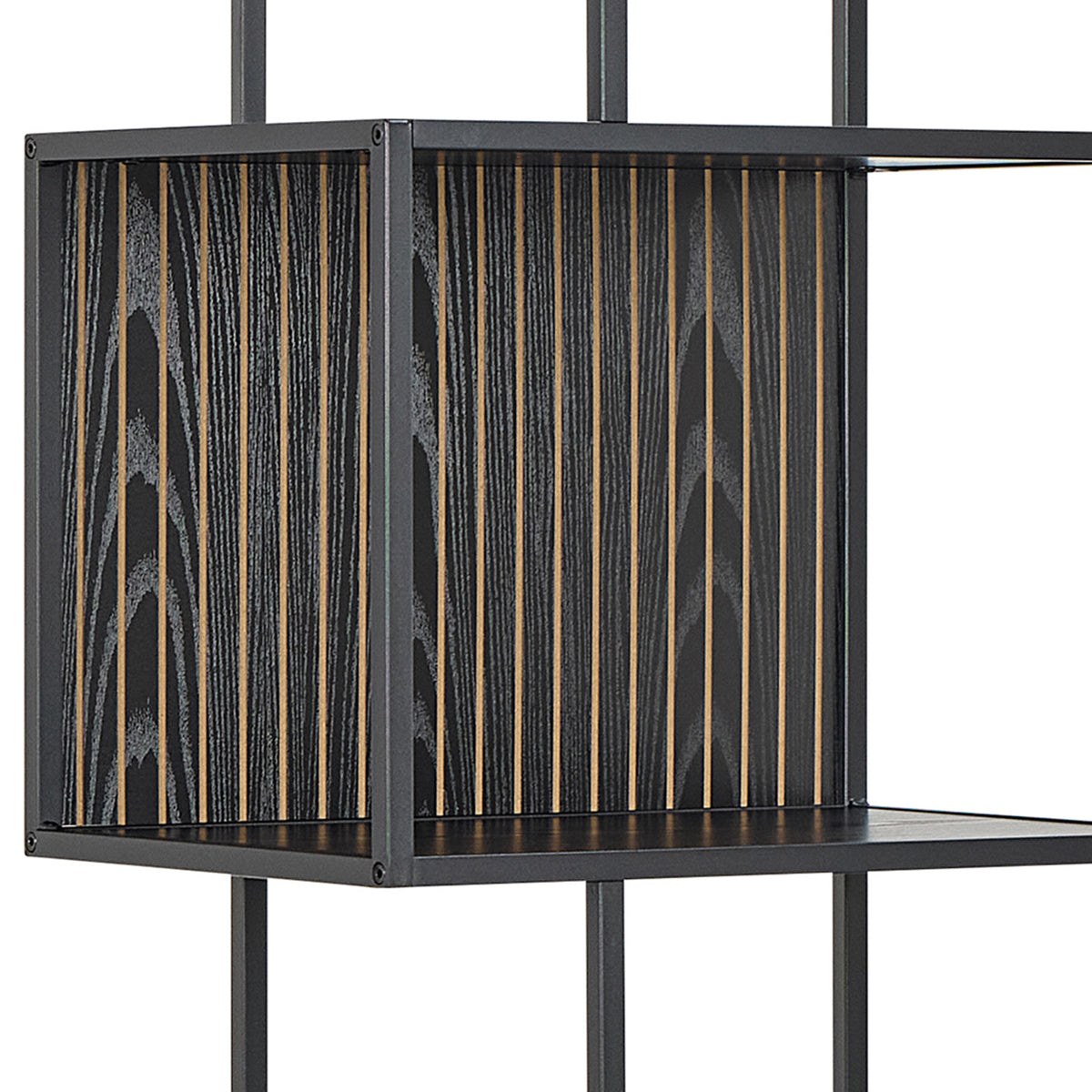 Skeleto-boekenkast 77x185, zwarte melamine – close-up van de nis met verticale latten in het decor ‘zwart essenhout’