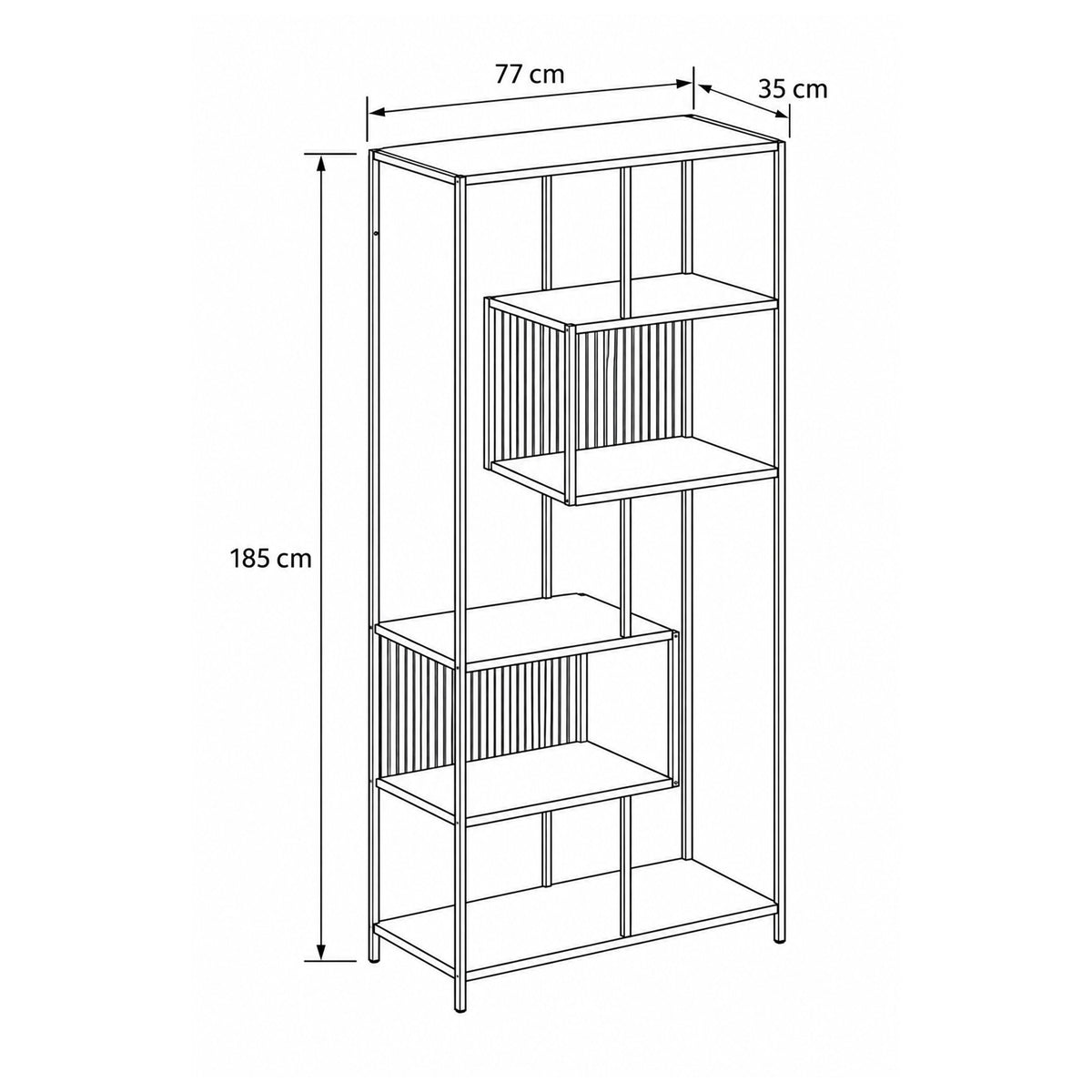 Skeleto-boekenkast 77x185 – maatschets met breedte, hoogte en diepte