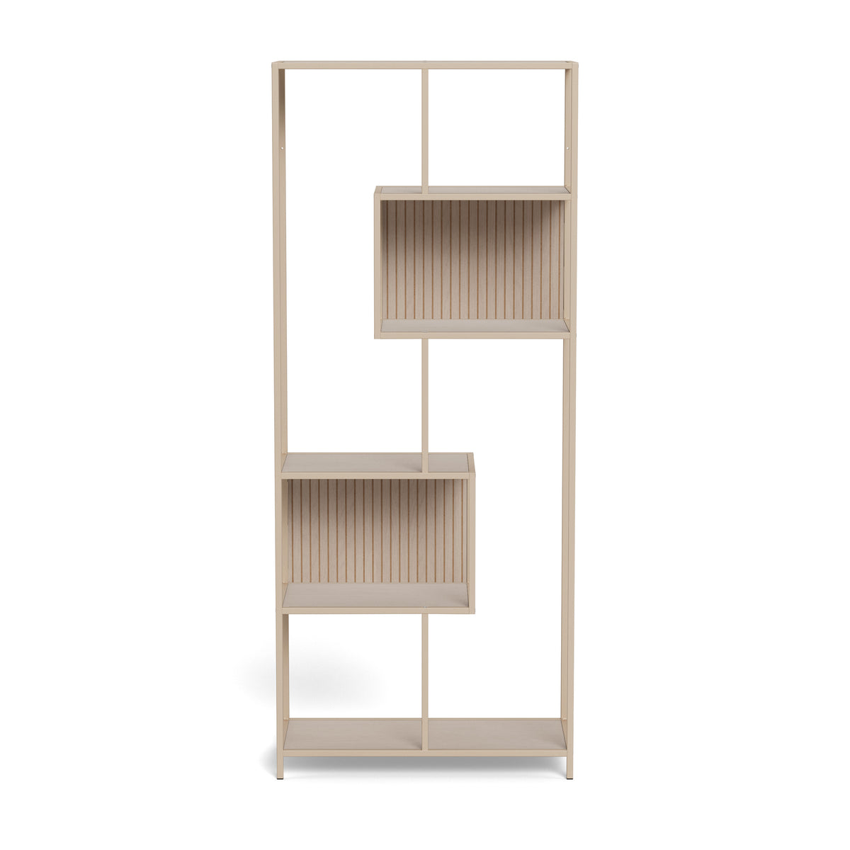 Skeleto-boekenkast 77x185 grijze melamine – vooraanzicht van de open planken en asymmetrische nissen