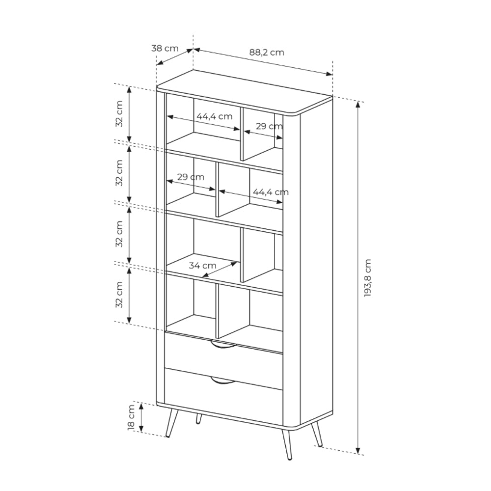 Velia Bookcase 88x194 with Open Shelves and Drawers, Soft Loft Style – dimensions drawing