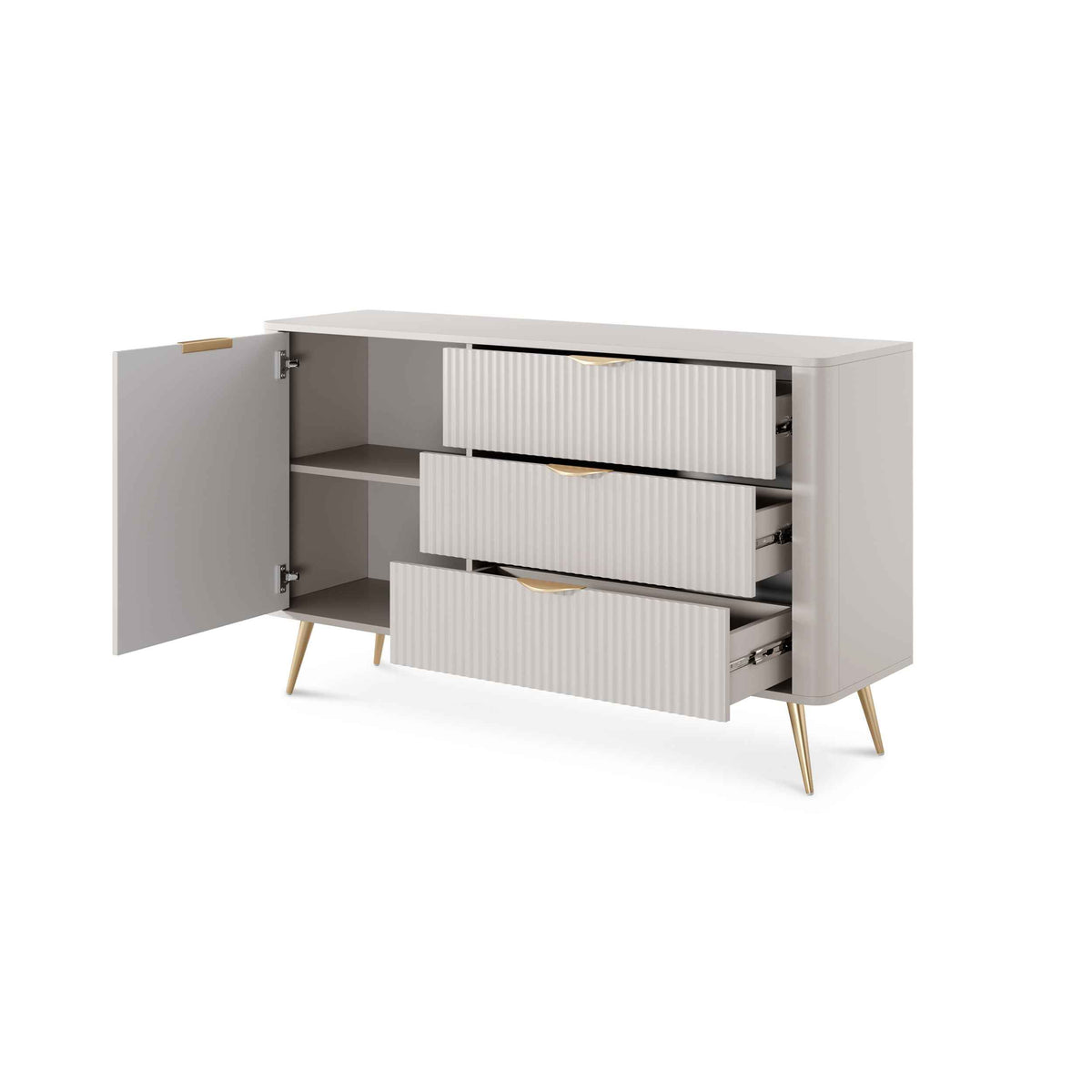 Laanti Sideboard with Drawers and Doors 138x81, Elegant Style – with doors open