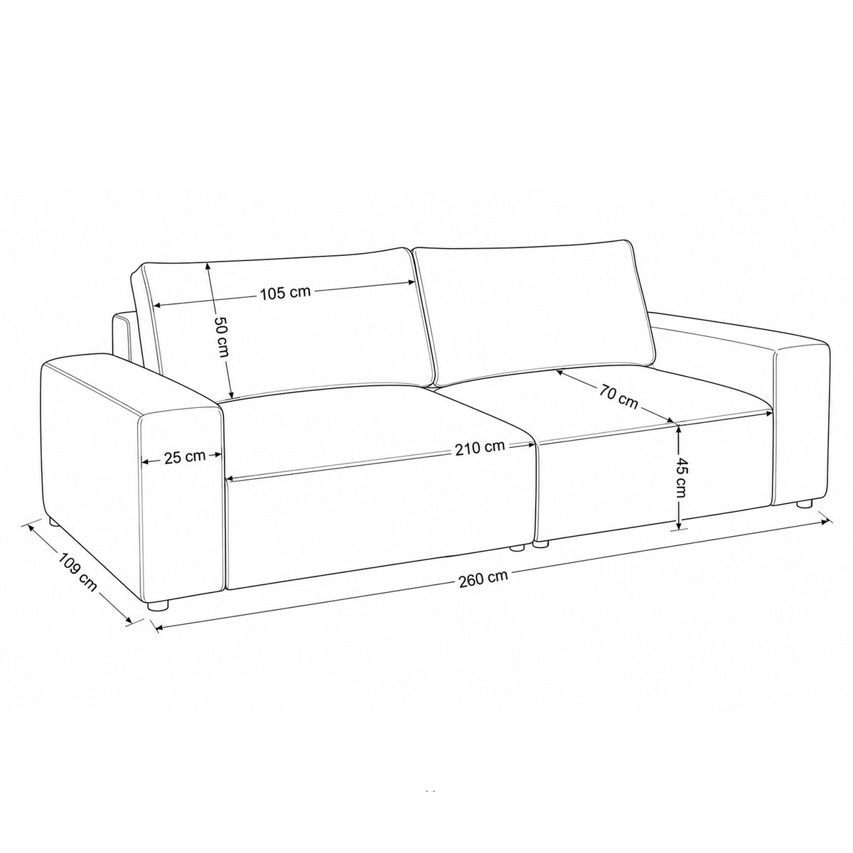 Modulaire bank Iskeli 260 cm – maatschets met breedte, diepte, zitting en rugkussens