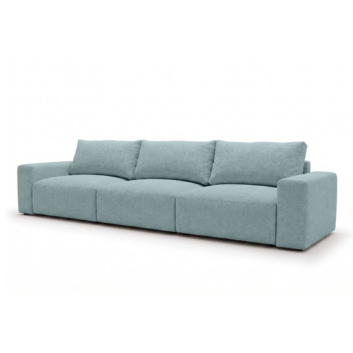 Modulaire bank Iskeli Plus 361 cm IJsblauw (ARAGON 70), schuin aanzicht – bank met slaapfunctie in Aragon-stof