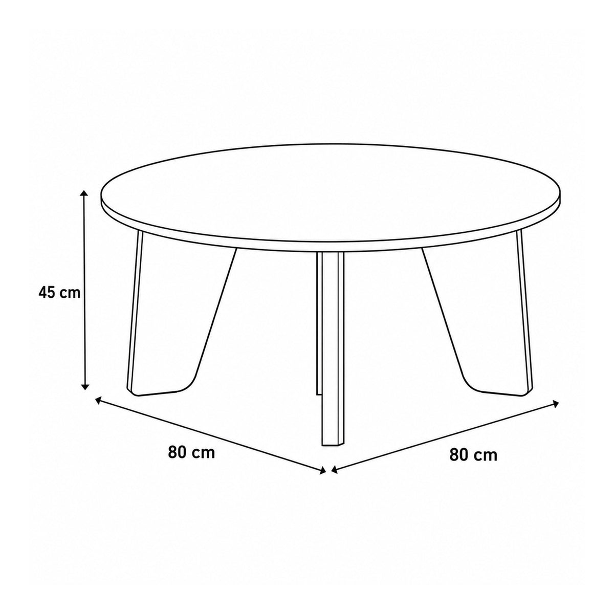Tendra-salontafel Ø80x45 – maatschets met de breedte, diepte en hoogte van de ronde tafel