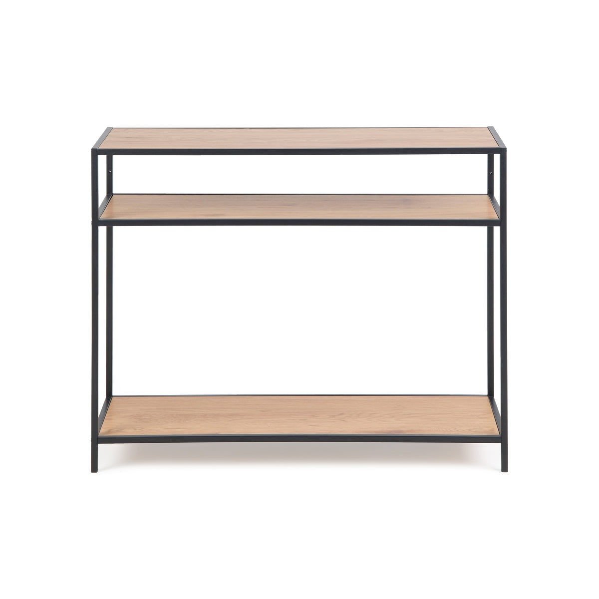 Skeleto-consoletafel 100x79 Wild Eiken, vooraanzicht – drie niveaus: tafelblad, middelste plank en onderste plank
