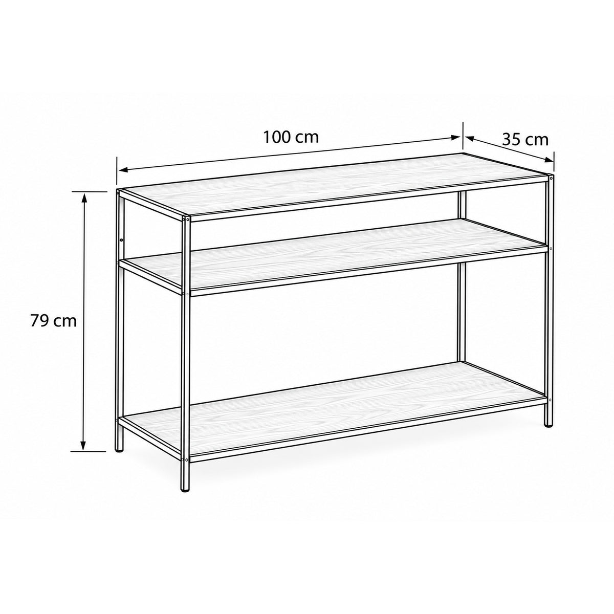 Skeleto-bijzettafel 100x79 – maatschets met breedte, hoogte en diepte