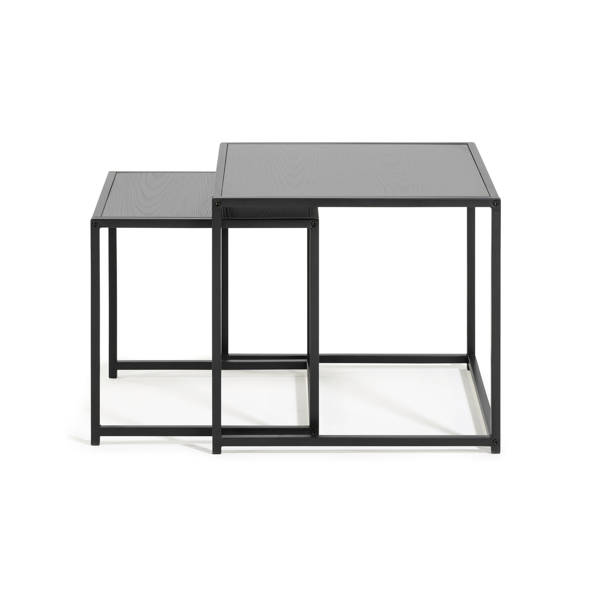 Skeleto-tafeltjes 50x45, zwarte melamine aan de zijkant – tafelbladen in de kleur zwart essenhout op een stalen frame