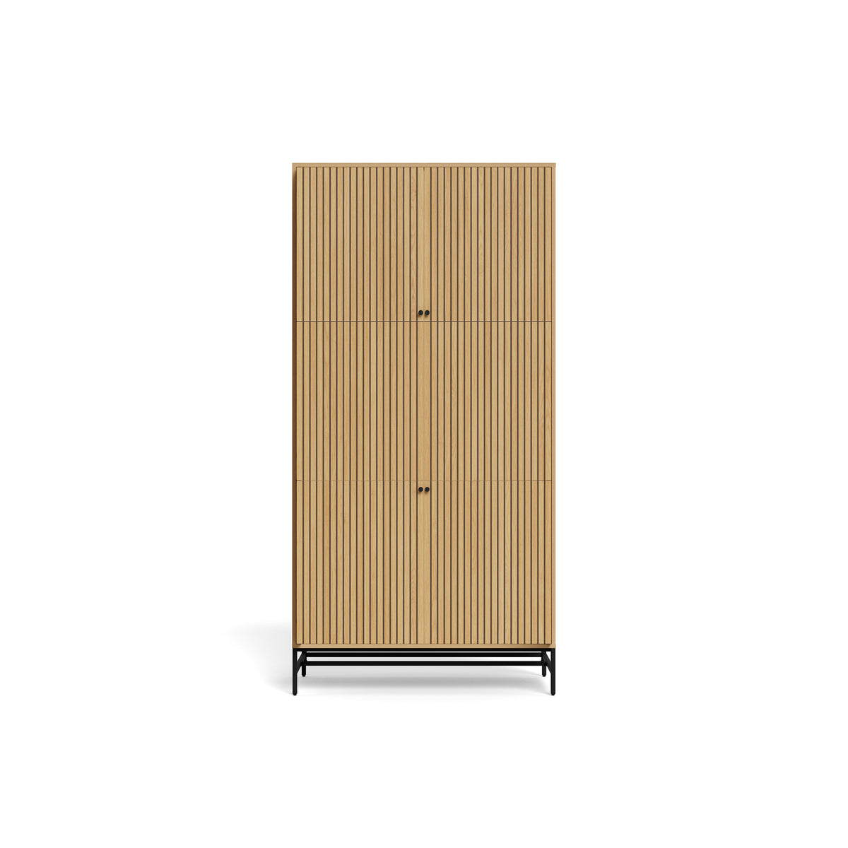 Bambouz-kast 99x200 aan de voorkant – lamellendeuren in eikenhoutdecor met ronde zwarte knoppen