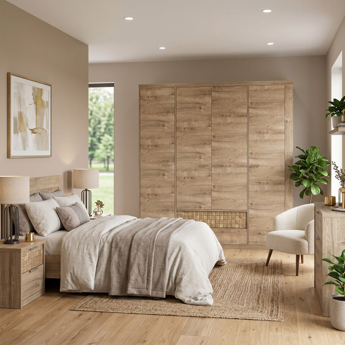 Kledingkast Korin 201x196 in de slaapkamer naast bed en bouclé fauteuil – grote kledingkast met lades