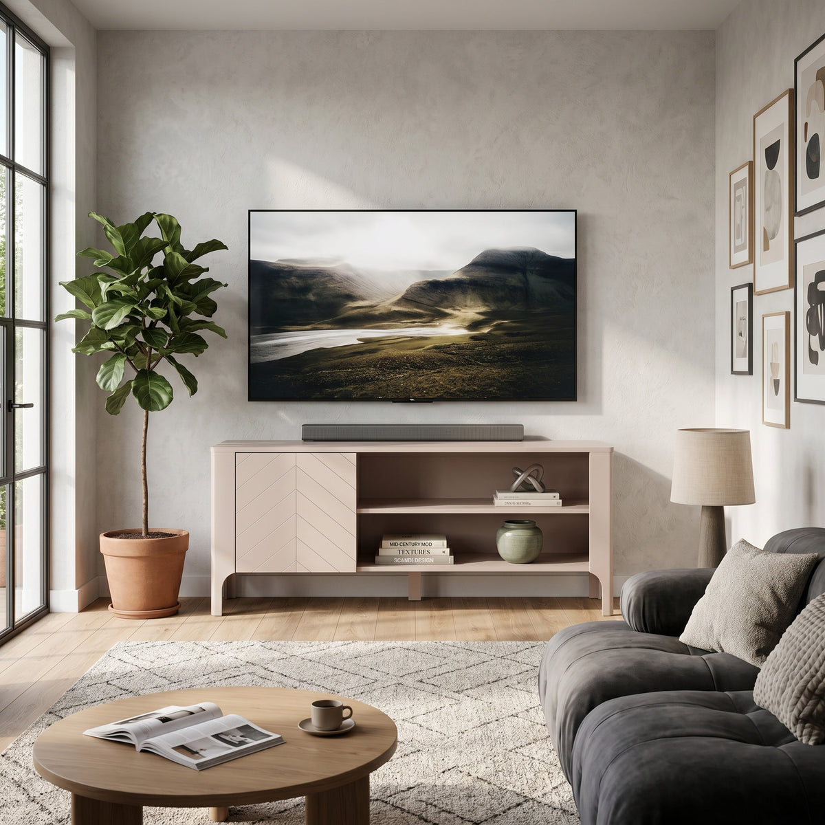 RTV-kast EKLIPSO 135x57 met open plank in moderne stijl, kleur Kasjmier - in een interieur | Pillovely