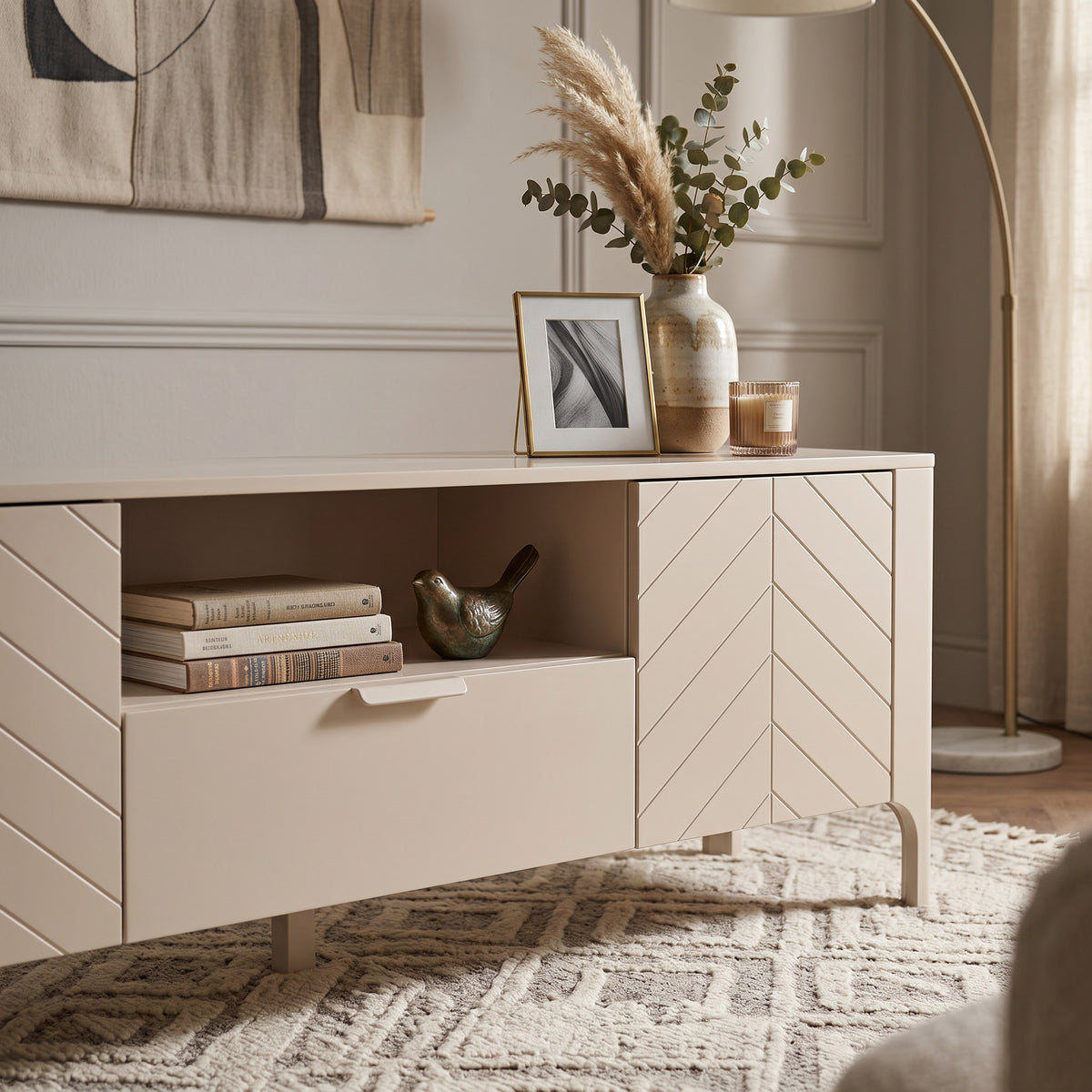 Tv-meubel EKLIPSO 160x57 met visgraatfronten in moderne stijl, kleur Kasjmier - in interieurinrichting | Pillovely