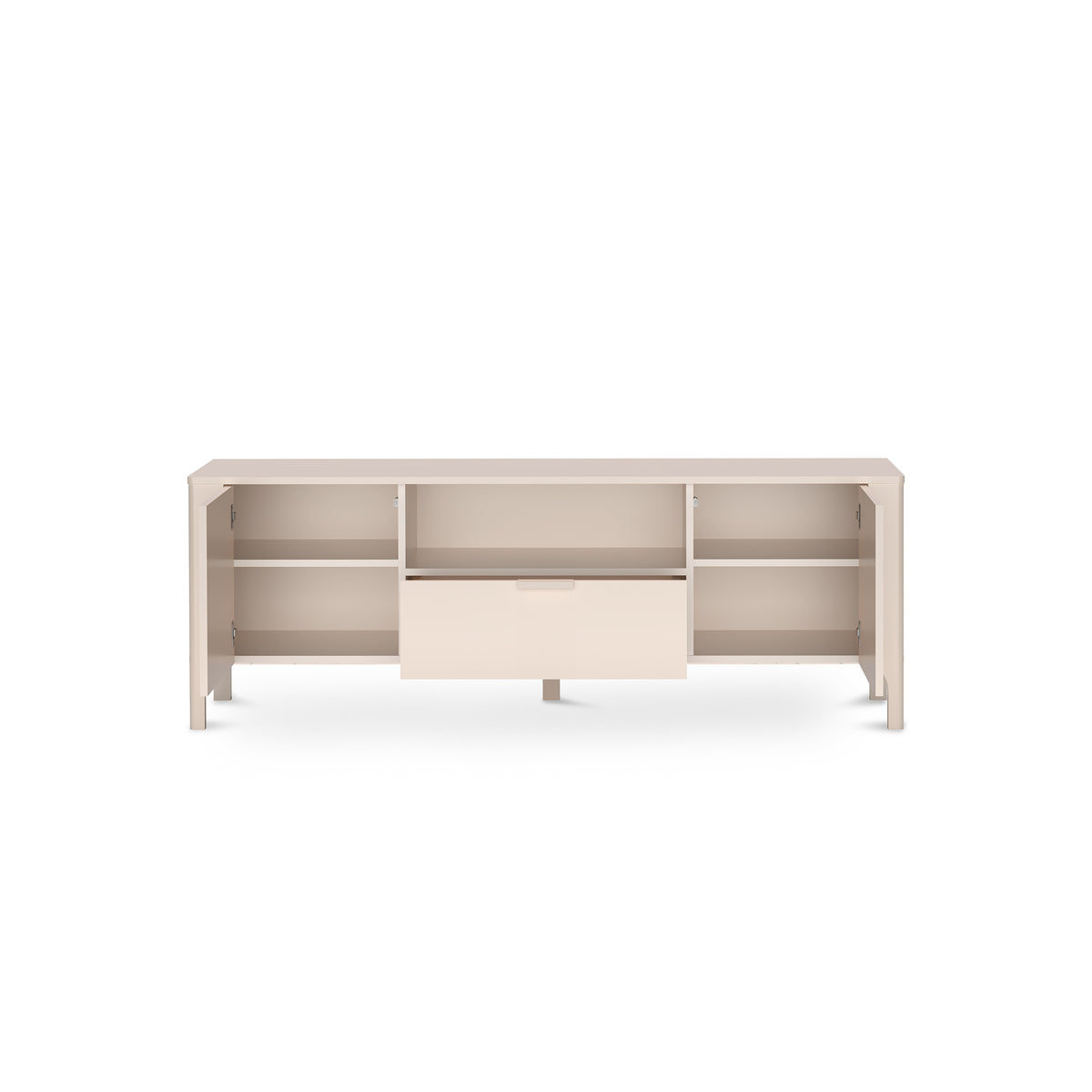 Tv-meubel EKLIPSO 160x57 met visgraatfronten in een moderne stijl, kleur Kasjmier - interieur na opening | Pillovely