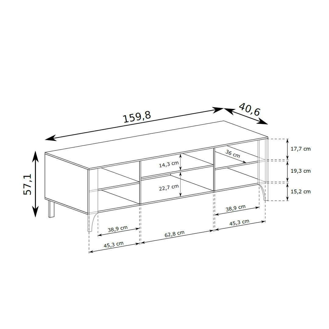 Tv-meubel EKLIPSO 160x57 met visgraatfronten in moderne stijl - maattekening | Pillovely