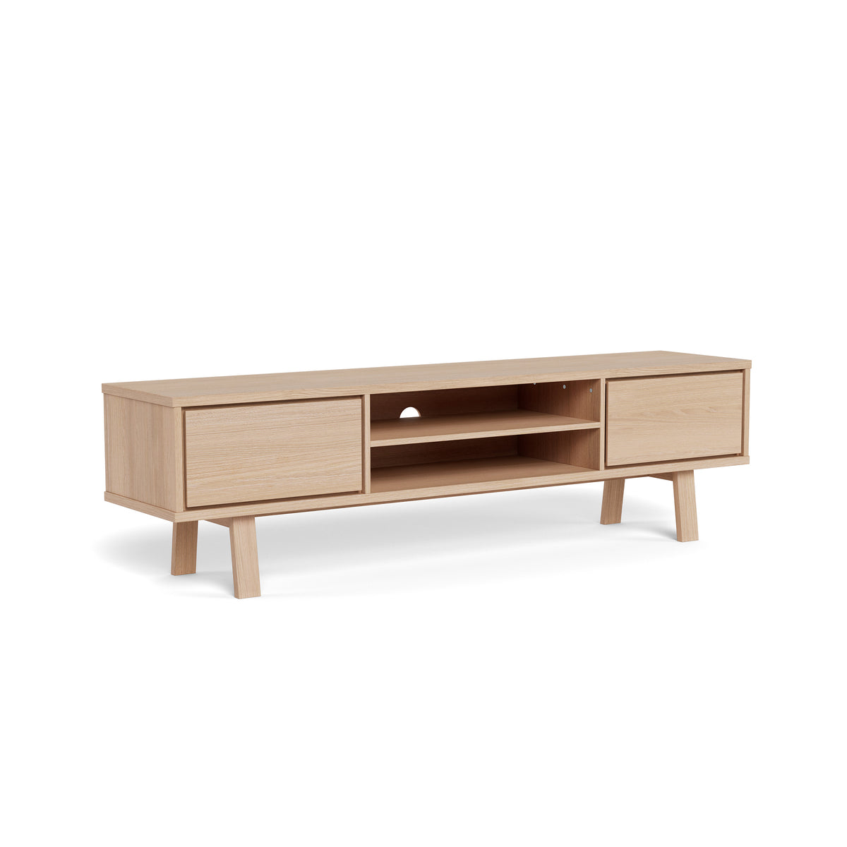 Lurisse tv-kast 180x50 gebleekt eiken – schuin aanzicht, tv-kast met twee lades en een plank