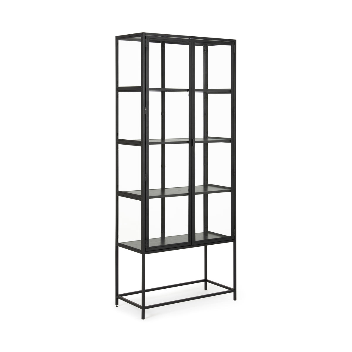 Vitrine Skeleto 77x186, zwart melamine met schuine randen – zwarte vitrine met planken in de kleur zwart essenhout