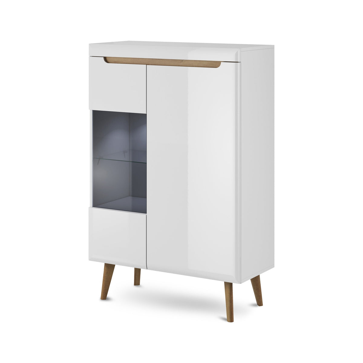 Trava Glass Display Cabinet 90x134 cm, Scandinavian Style – White Gloss Riviera Oak