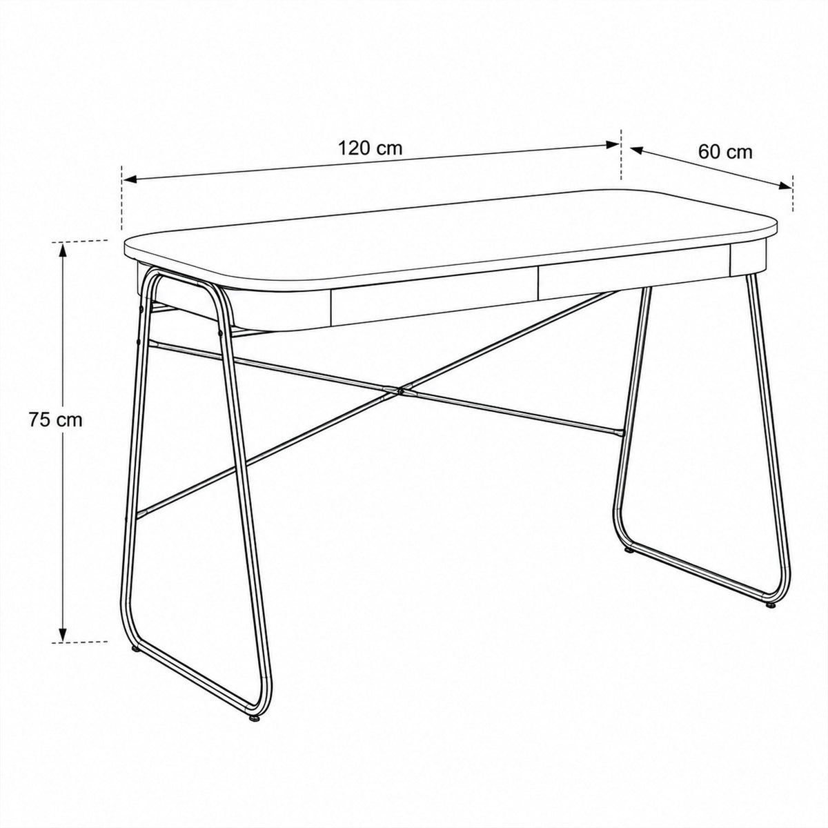 Astel-bureau 120x60 met twee laden in moderne stijl - tekening met afmetingen