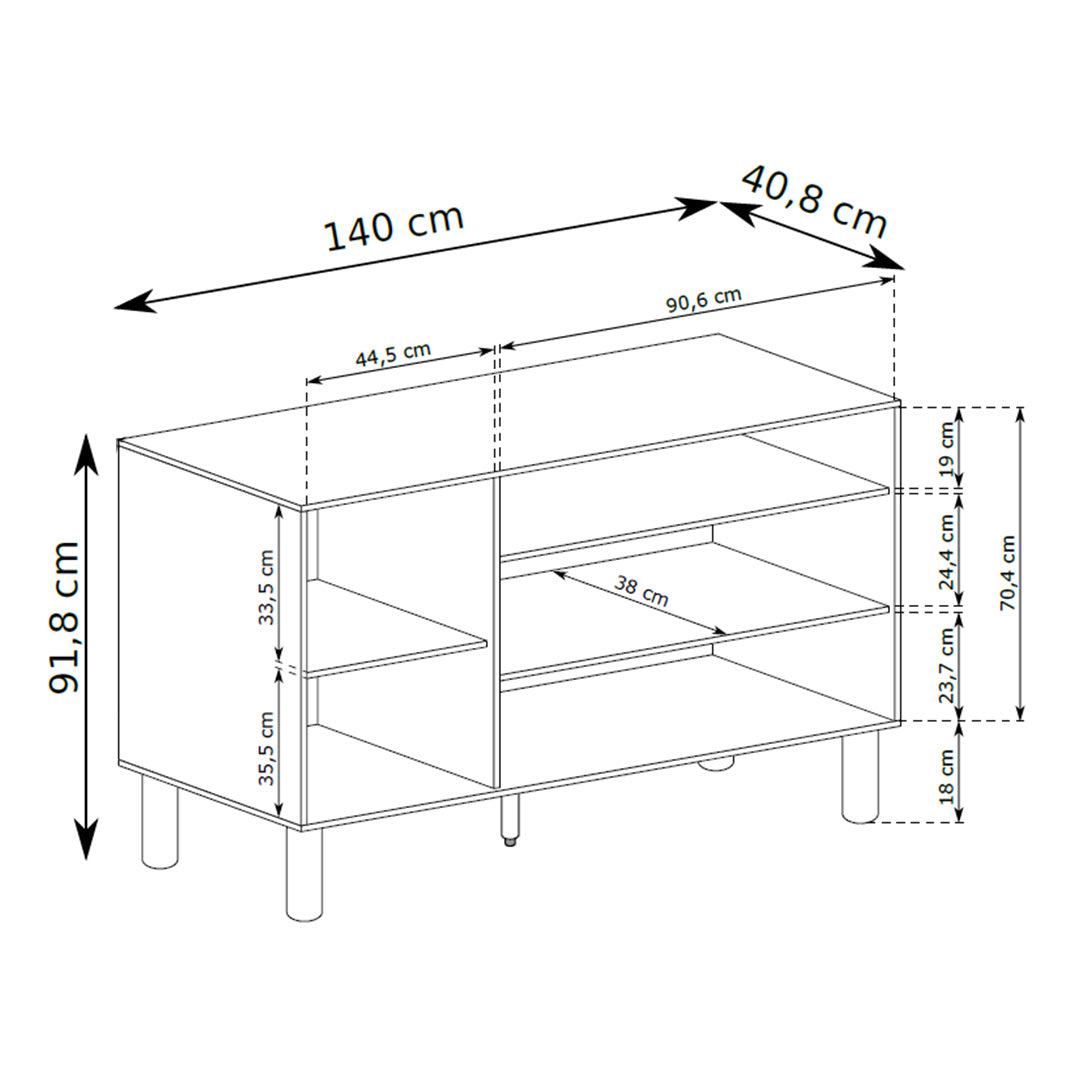 Fjord 3-door Sideboard 140x92 with an Open Compartment, Scandinavian Style – dimensions drawing