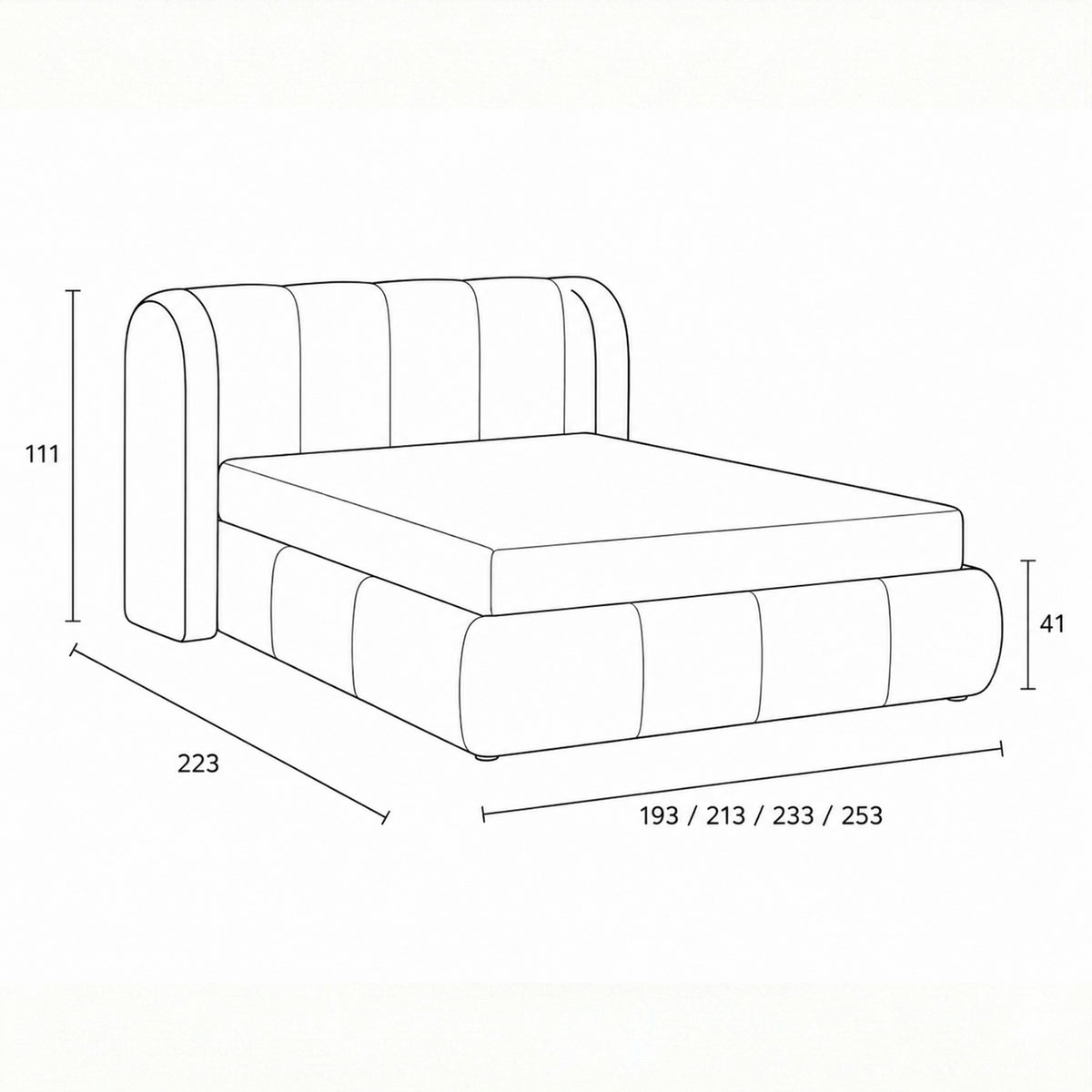 Ventara Upholstered Ottoman Bed with Vertical Tufting and Storage, Soft Modern Style – dimensions drawing