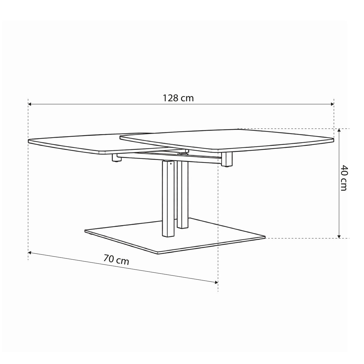 Salontafel Dualis met draaiblad van 128 × 40 cm in loftstijl - tekening met afmetingen