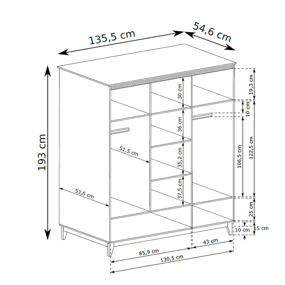 Serena Wardrobe with Mirror 136x193 with 3 Doors, Modern Classic Style – dimensions drawing