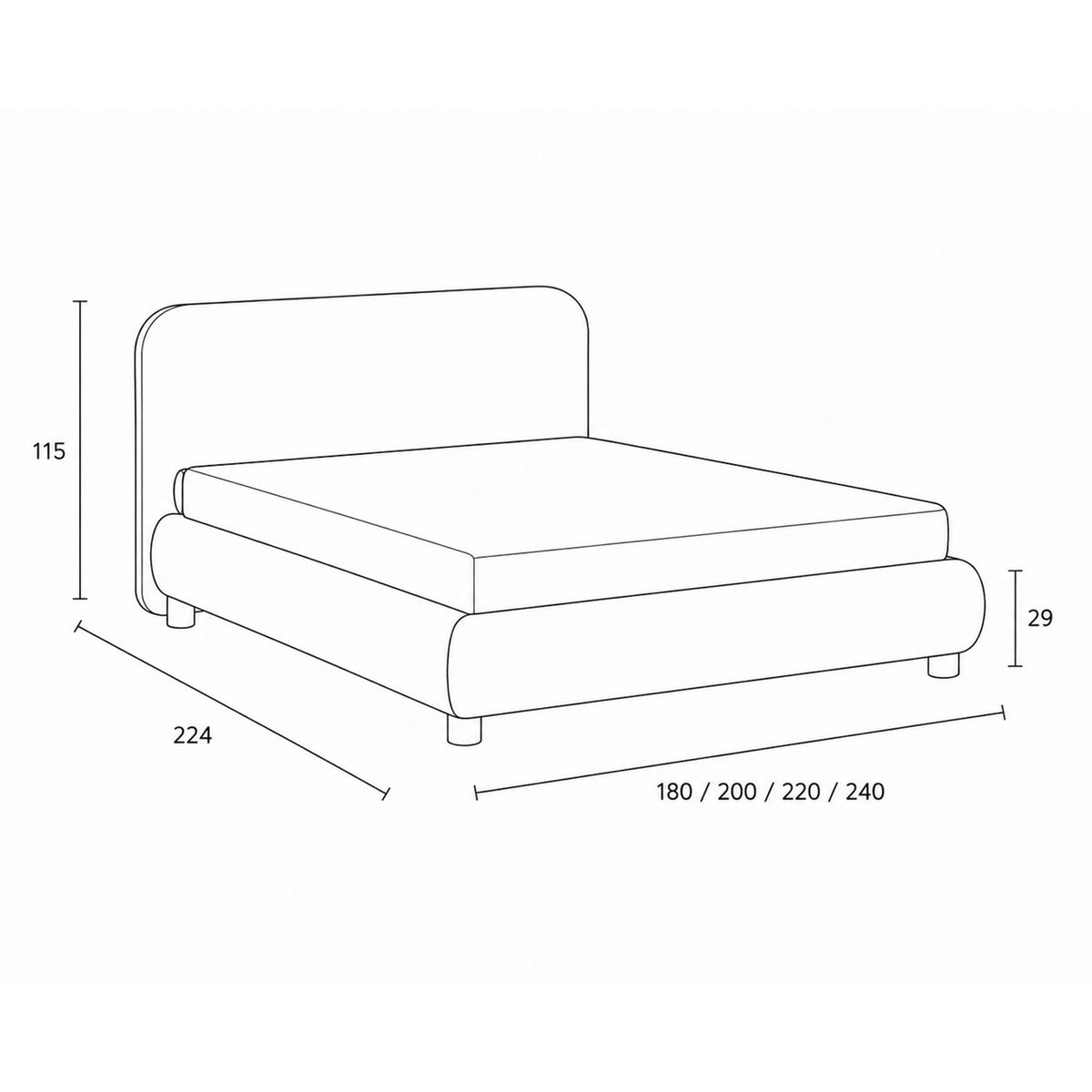 Portela Continental Divan Bed with a Rounded Headboard, Modern Organic Style – dimensions drawing