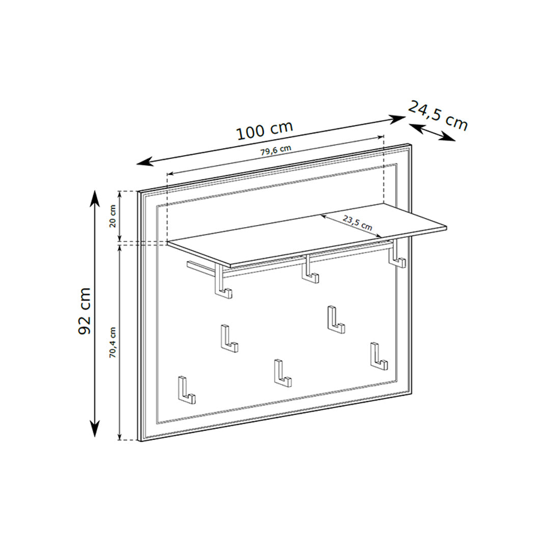 Serena Wall Panel 100x92 with Hooks and Shelf, Classic Style – dimensions drawing