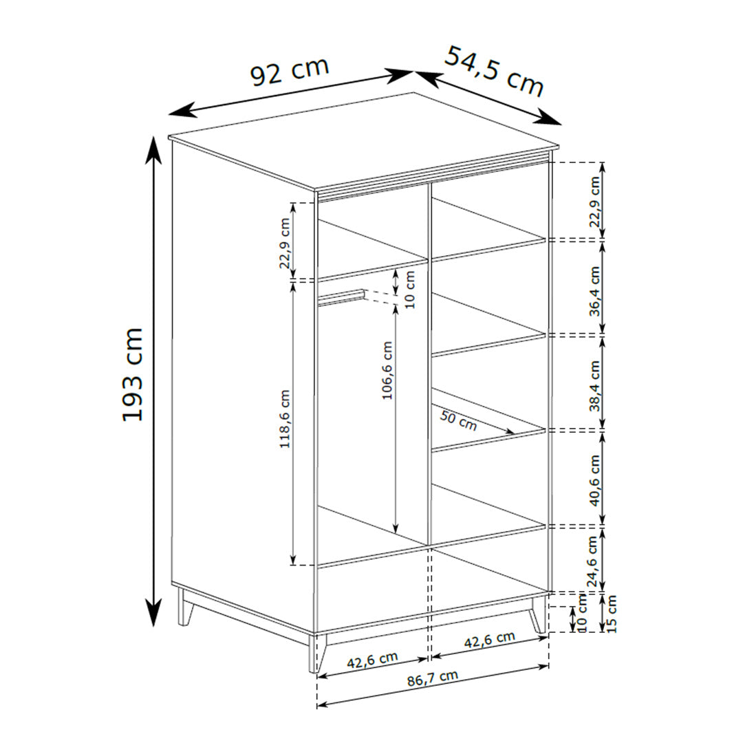 Serena Wardrobe 92x193 with Fluted Fronts, Classic Style – dimensions drawing