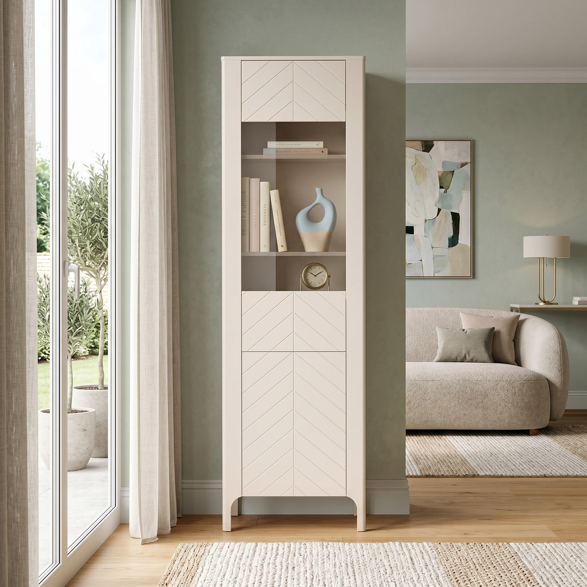 Hoge vitrinekast EKLIPSO 60x197 met beglazing in moderne stijl, kleur Kasjmier - in een interieur | Pillovely