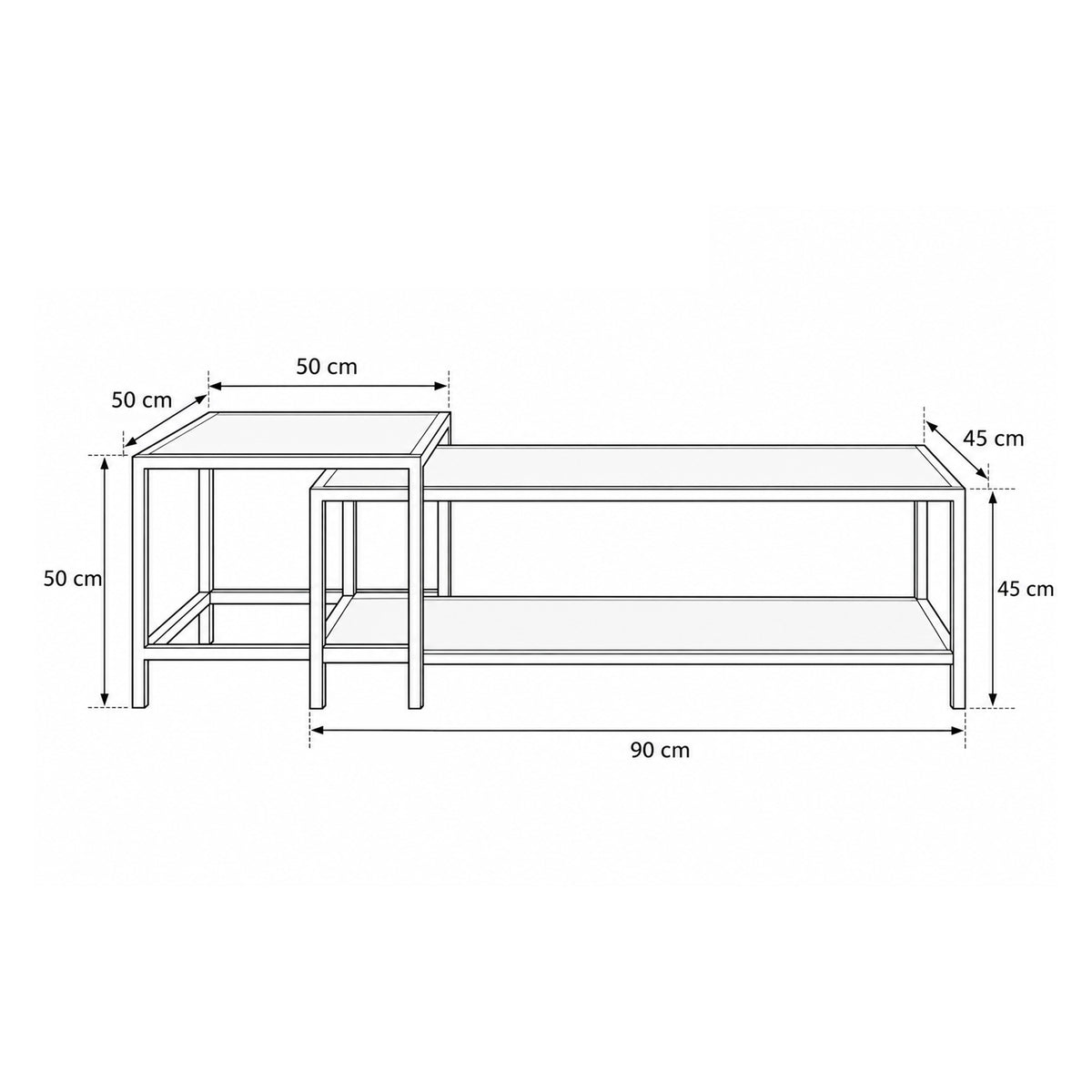 Set van 2 Skeleto-salontafels 90x45 en 50x50 – maatschets met breedte, hoogte en diepte