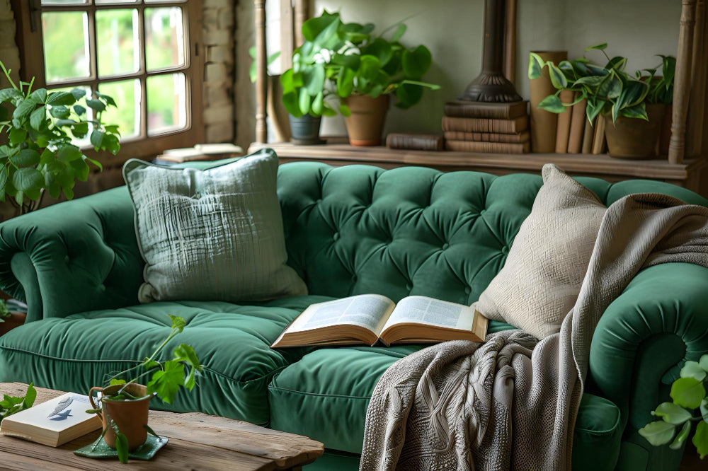 Bottle green interiors – elegant living room in deep green