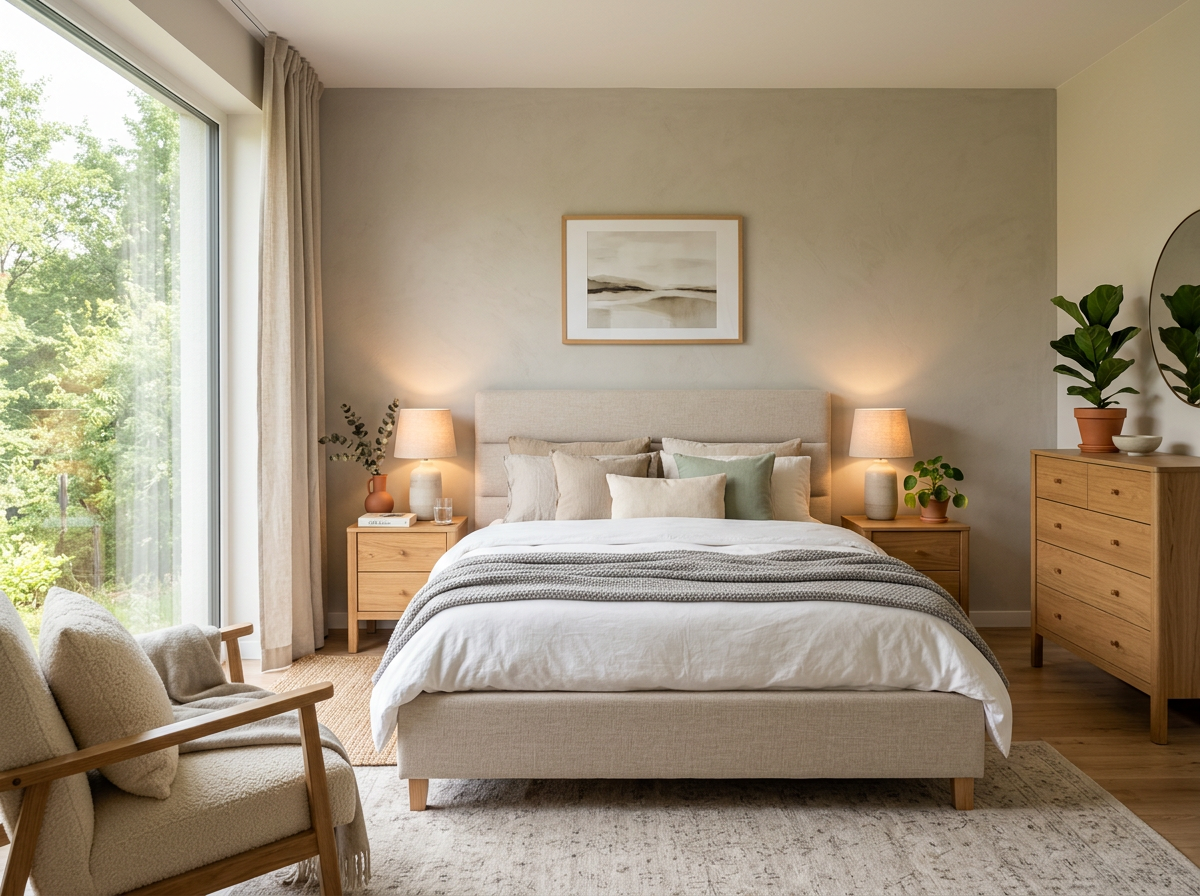 Bedroom ideas – modern bedroom with upholstered bed and bedside tables
