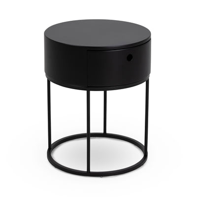 Ronda Round Bedside Table with a Drawer, Minimalist Style – Black