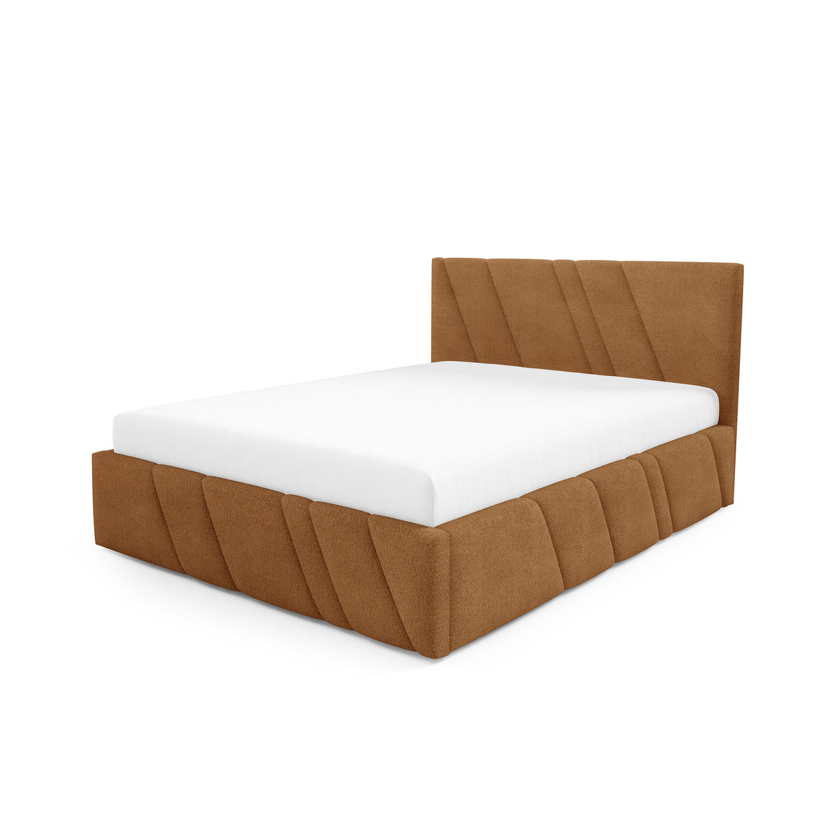 Raiz Quilted Upholstered Ottoman Bed with Storage, Various Sizes in Modern Style 140x200, 160x200 and 180x200, Coral Fabric – angled view | Pillovely