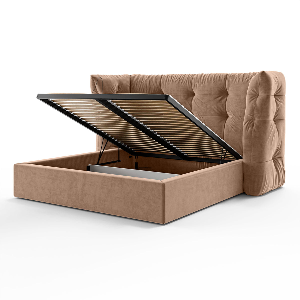 Diara Tufted Upholstered Ottoman Bed with Storage, Glamour Style – with doors open