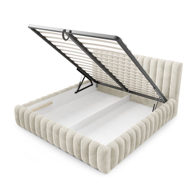 Gestoffeerd Pastel-bed met opbergruimte in modern soft-stijl, Coral-stof - met open fronten