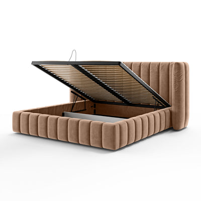 Gianda Upholstered Ottoman Bed with Vertical Tufting and Storage, Modern Soft Style – with doors open