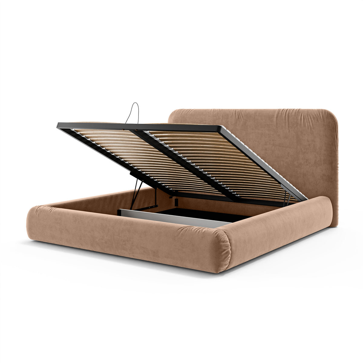 Paries Upholstered Ottoman Bed with Storage, Modern Organic Style – with doors open