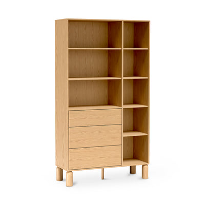 Fjord Bookcase 110x197 with Open Shelves and 3 Drawers, Scandinavian Style – angled view | Pillovely