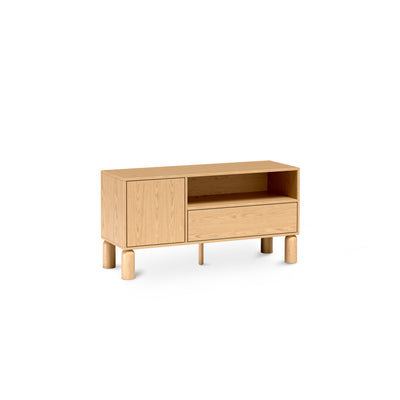 Fjord TV Unit / TV Stand 120x62 with a Drawer and an Open Compartment, Scandinavian Style – angled view | Pillovely