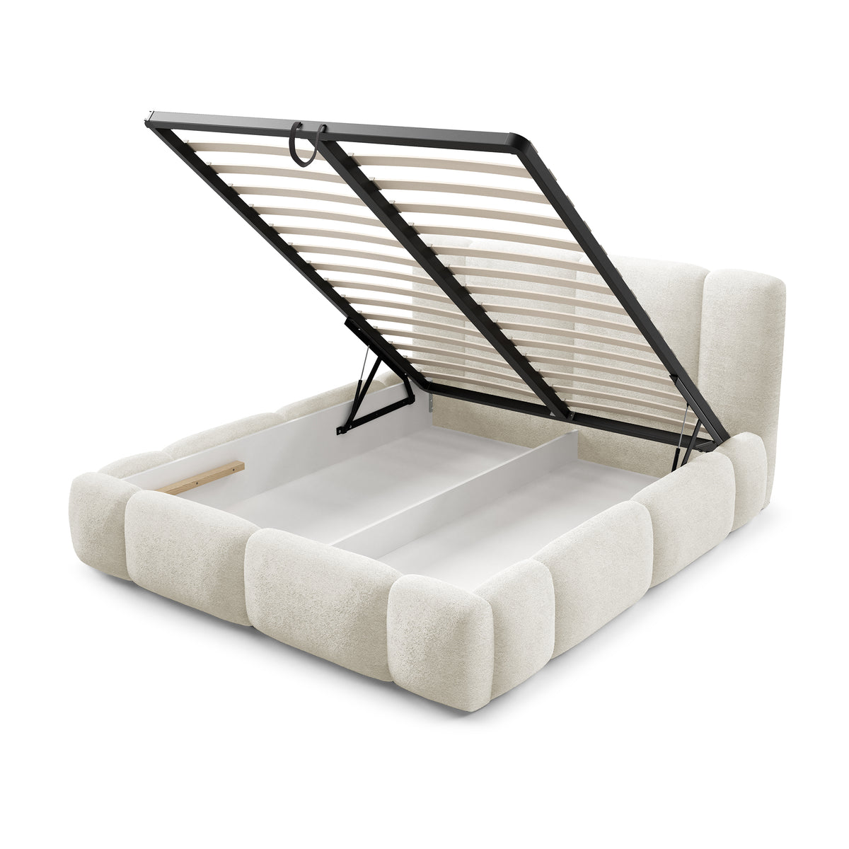 Neria Upholstered Ottoman Bed with Storage, Various Sizes in Japandi Style – with doors open