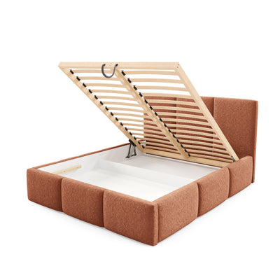 Melora Upholstered Ottoman Bed with Storage, Various Sizes in Modern Style, Lambi Fabric – with doors open