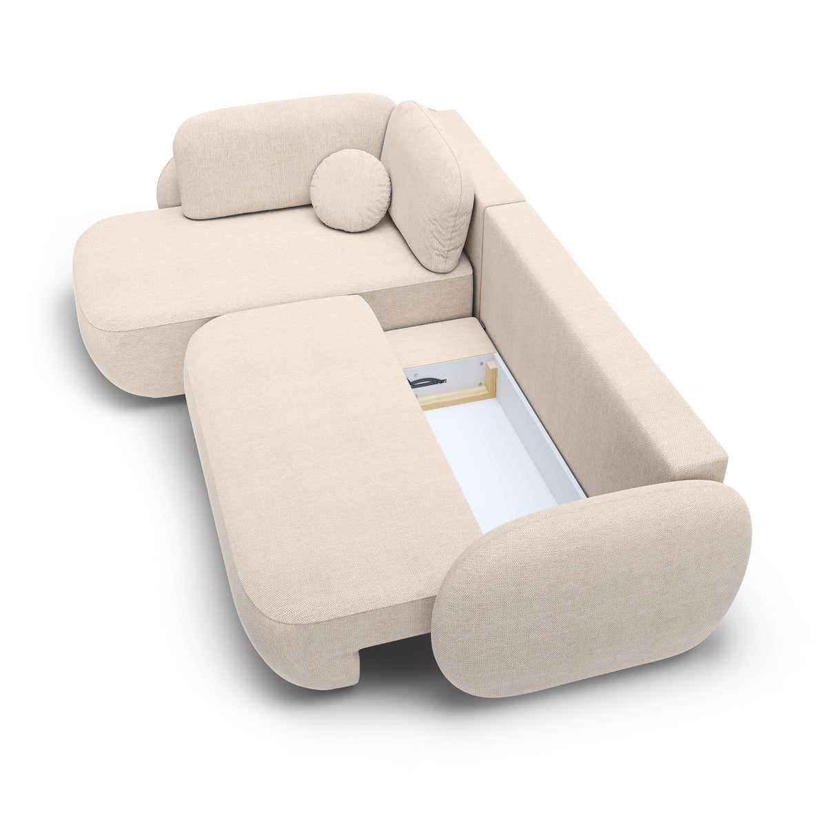 Olemo Corner Sofa Bed with Storage, Sleeping Area 123x250, Organic Modern – with doors open