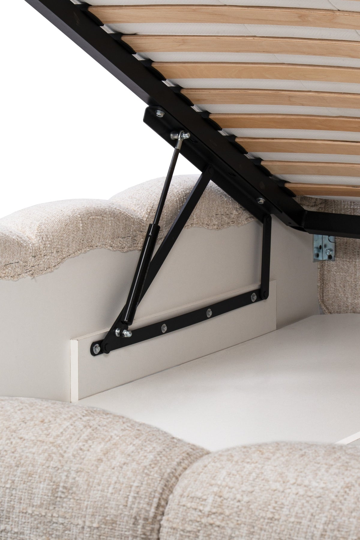 Mevy Upholstered Ottoman Bed with Storage, Minimalist Style – close-up of details and texture