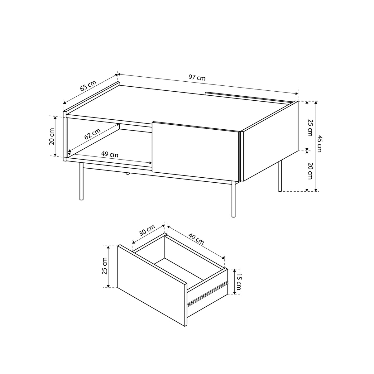 Bema Coffee Table 97x45 cm in Modern Style with Drawer and Shelf – photo 5