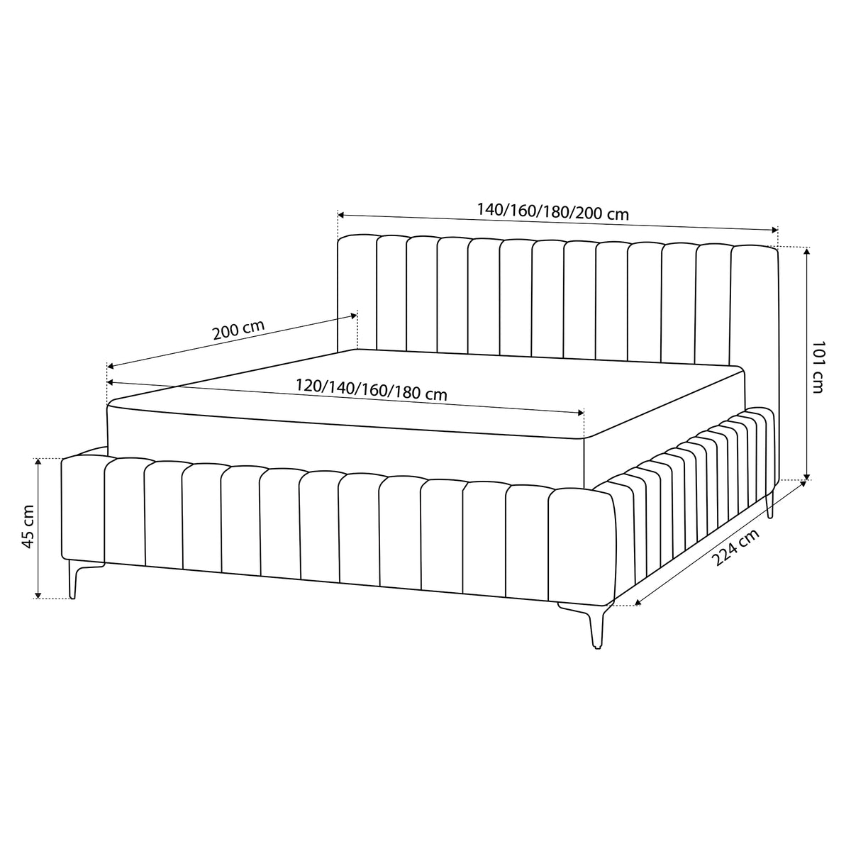 Drevy Upholstered Ottoman Bed with Storage, Modern Style – Fresh Velvet, Vertical Stitching – dimensions drawing