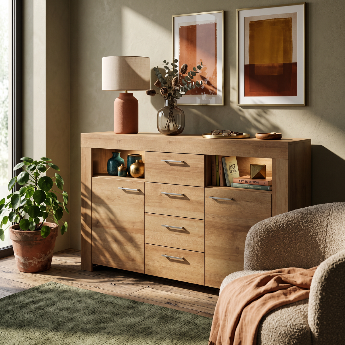 Gorky Storage Sideboard 155x96 with LED, Scandinavian Style – in a room setting