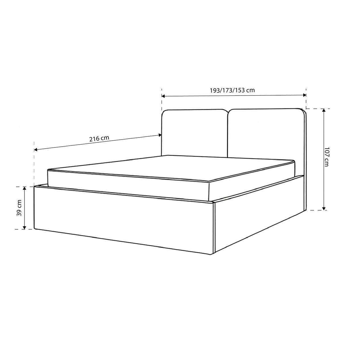 Mokka Upholstered Ottoman Bed with Storage, Modern Style – dimensions drawing