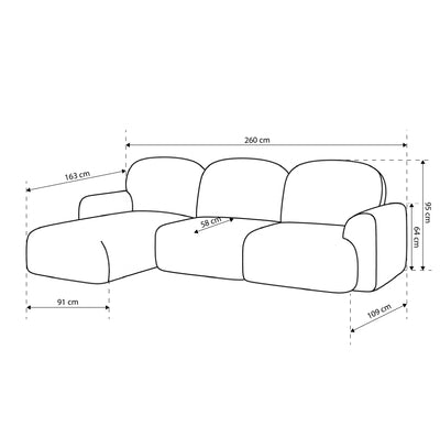 Bulu 3–4 Seater Corner Sofa Bed DL 260 cm, Modern Style – dimensions drawing