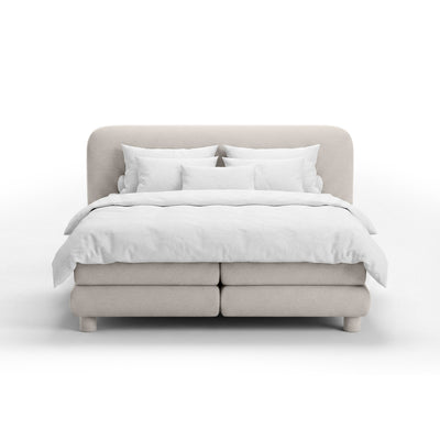 Portela Continental Divan Bed with a Rounded Headboard, Modern Organic Style – 200x200, Chalk Linen (OPULENCE 5)